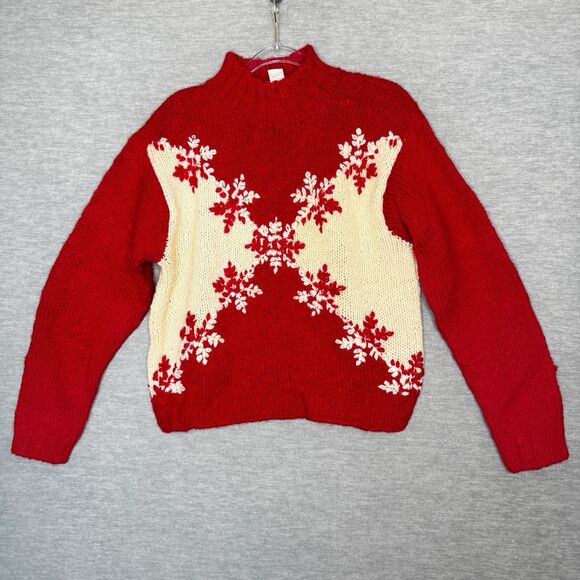 Vintage Express Tricot Chunky Wool Snowflake Sweater Large Red White Ski‎ 1990s - Picture 1 of 5